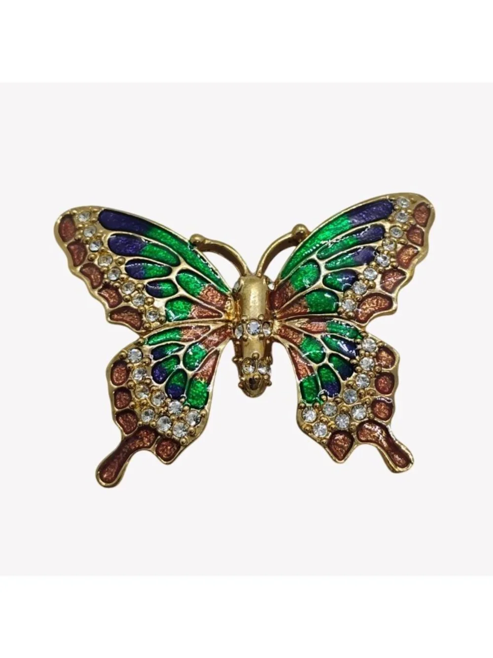 Colorful Enamel Rhinestone Butterfly Brooch Large 2" Blue Green Gold Tone - Picture 1 of 5